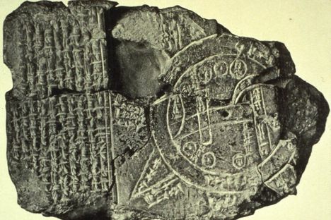 This Babylonian diagram, Imago Mundi, is thought to be one of the oldest maps of the world, dating to the sixth century B.C. 