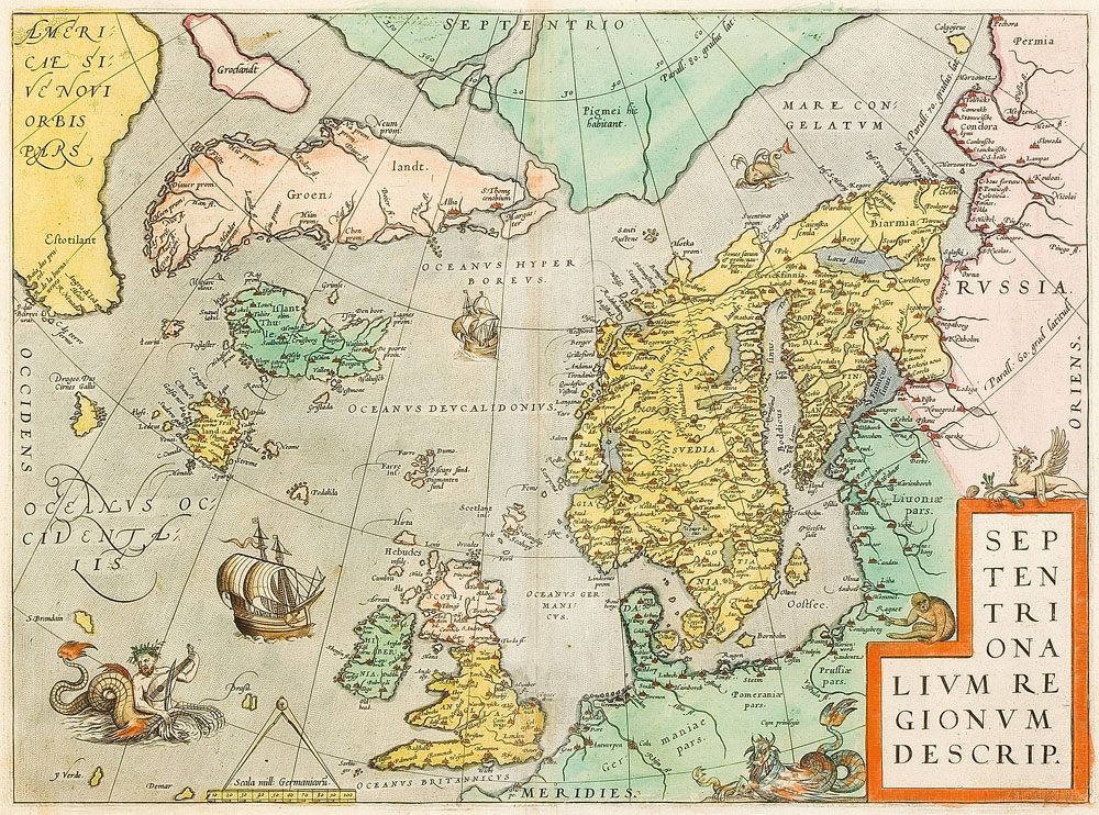 <em>Septentrionalium Regionum Descrip</em>,
a map of the north Atlantic from Abraham Ortelius's 1570 atlas.