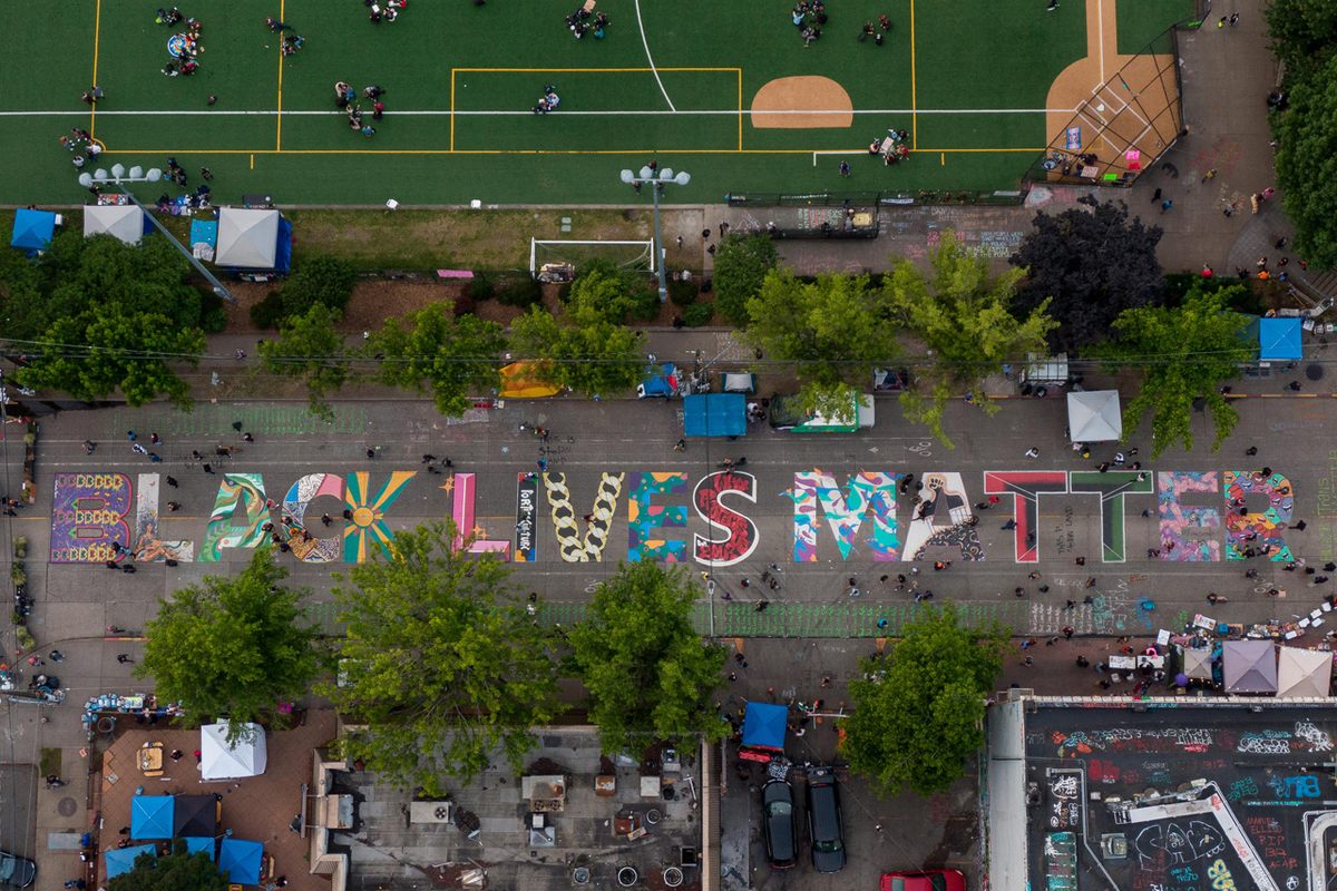 A Black Lives Matter mural on East Pine Street near Cal Anderson Park in Seattle (June 2020). 