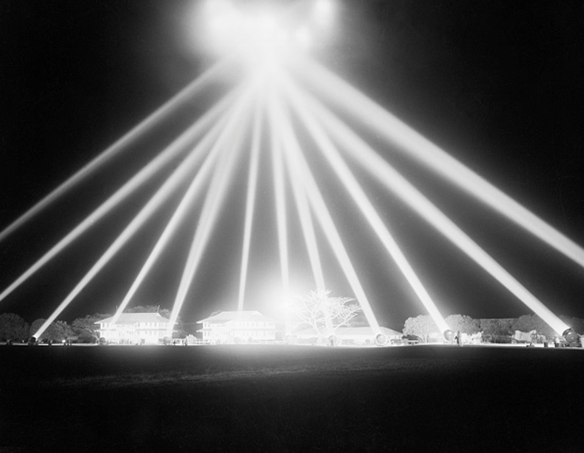 Anti-aircraft spotlights in 1939, four years after Bettmann's arrival in New York City. Such light shows would be a regular sight for the next six years of world war.
