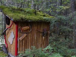 Fanciful outhouse in the Groulx Mountains.