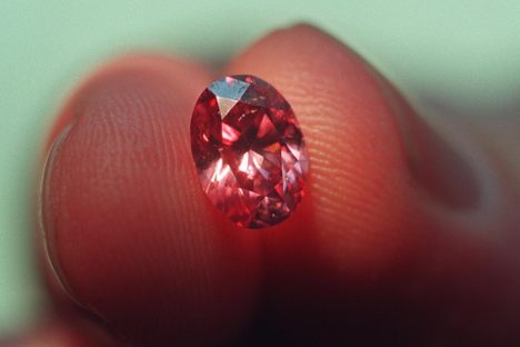 An extremely rare purple-red diamond came from the Argyle volcano and mine in Western Australia, source of almost all of the world's pink diamonds. 