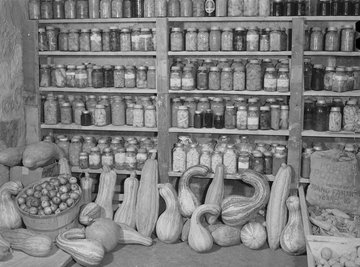 Canned goods and homegrown vegetables in a family's storage house in Knox County, Kentucky.