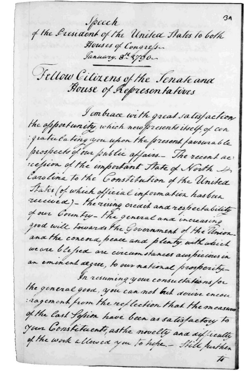 Washington's handwritten notes for the first State of the Union notes, from 1970.