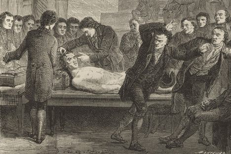 In this 1867 illustration, a crowd of scientists watch in horror as Andrew Ure makes the lifeless body of Matthew Clydesdale tremble and twitch with electricity.