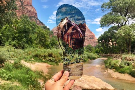 In 2018, Reading found this flip flop (and painted it en plein air) on the banks of the Virgin River in Zion National Park, Utah, which sits on Southern Paiute and Pueblos land.
