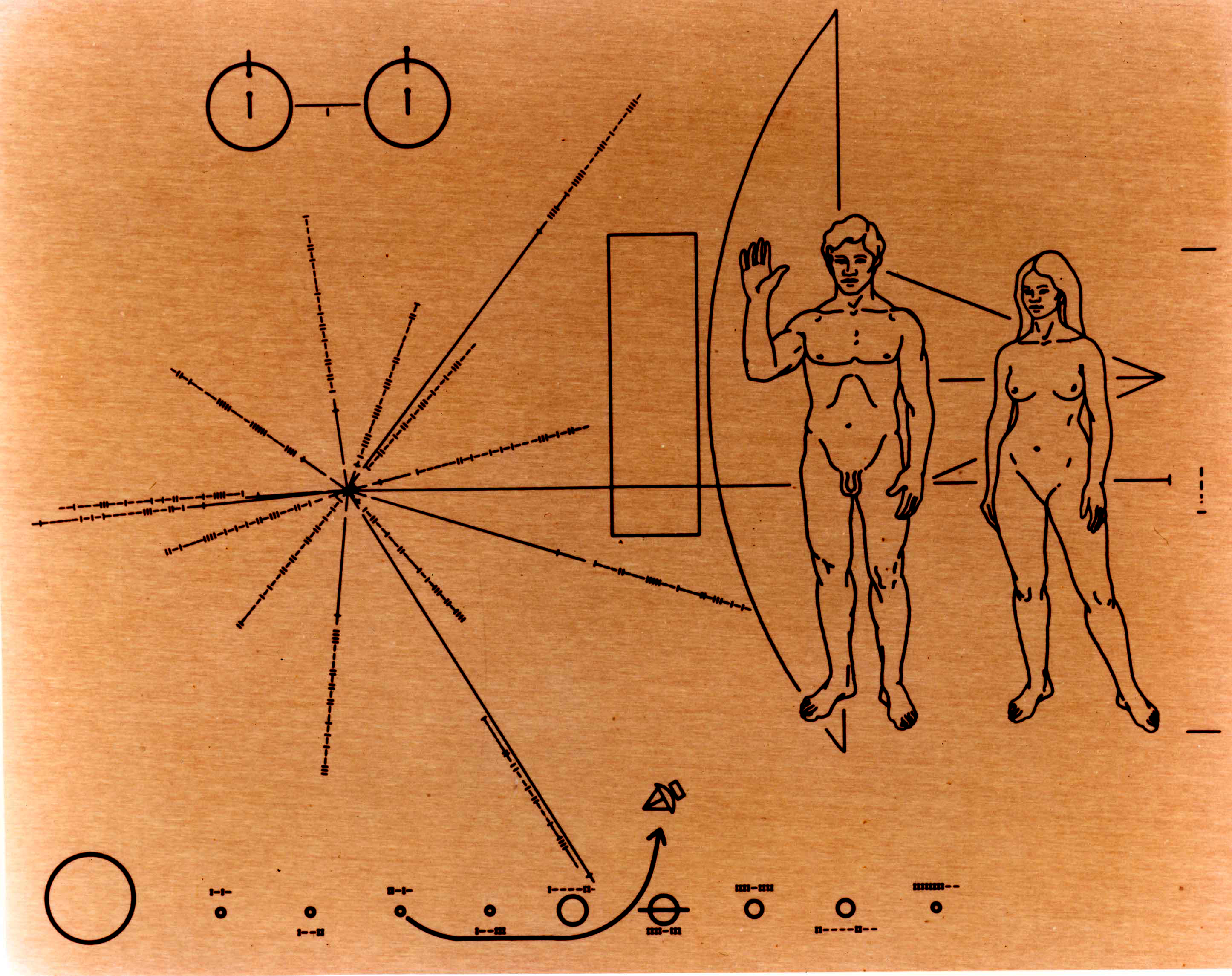 The visual message on the plaques placed on the Pioneer 10 and 11 spacecrafts, which will be traveling through space for millions of years.