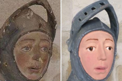 The statue of San Jorge, before and after its restoration.