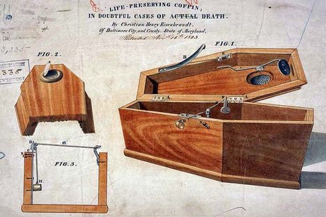 "Life preserving coffin in doubtful cases of actual dead," a safety-coffin model by Christian Eisenbrandt. 