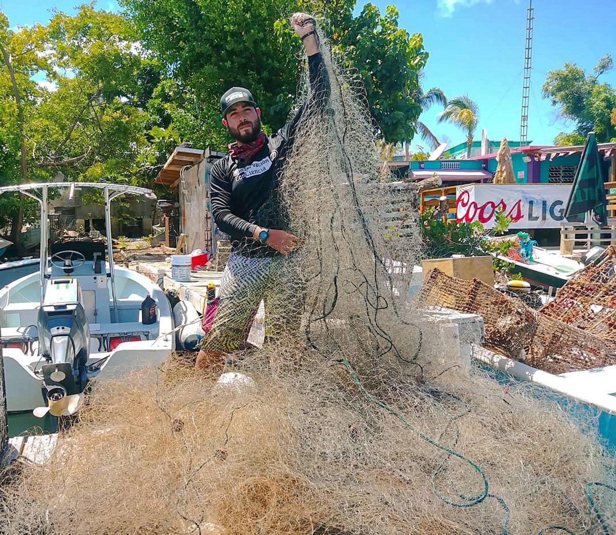 In the wake of Hurricane Maria, an emergency relief project through Conservación ConCiencia paid fishers to collect marine debris and retrieve lost gear, such as this gill net. 