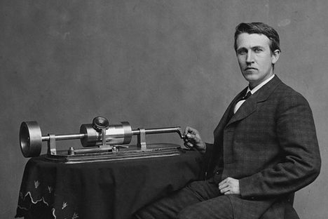 Thomas Edison and his early phonograph, circa 1877.