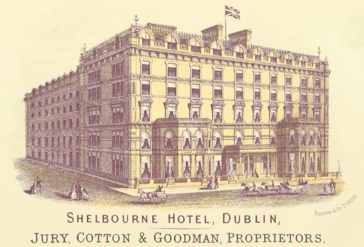 All four of the statues are visible in front of the Shelbourne Hotel in this 19th-century illustration.