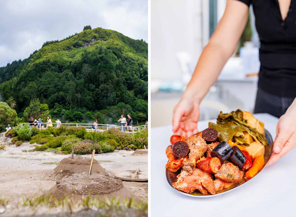 Caldeiras, in Furnas, where the pots of cozido are cooked (left) and the end result at the restaurant Vale das Furnas.