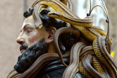 Every year on May 1st the small town of Cocullo in central Italy celebrates its patron saint San Domenico Abate. The celebration resembles many other Catholic festivities, but during this religious procession the saint's statue is fully covered with living snakes.