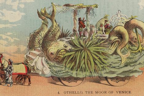 Illustration of a Venice-themed Mardi Gras float with Shakespeare's Othello
