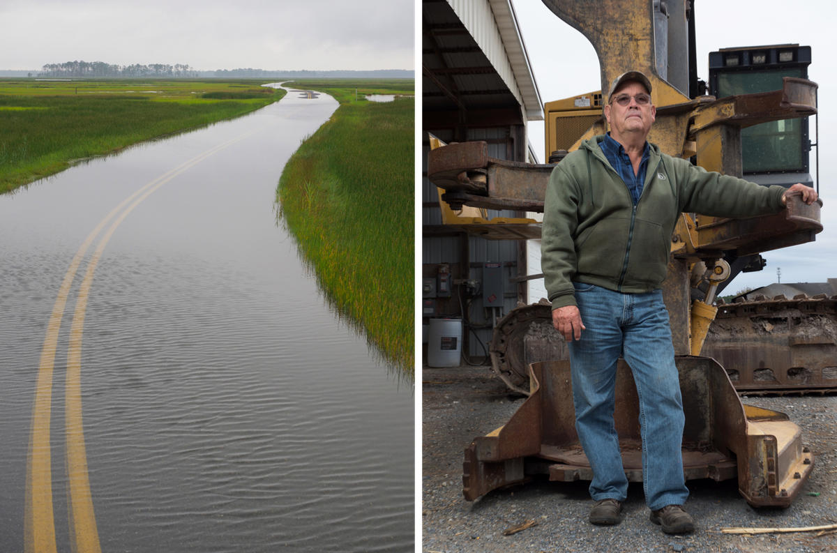 Shorters Wharf Road at high tide (left); timber man Lin Spicer with his tree cutter (right).