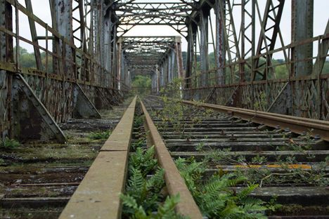 A low level view of the Track bed looking back at the South Entrance to the Bridge. 