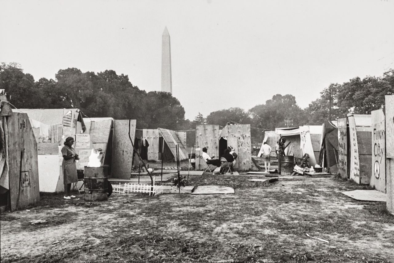 Resurrection City, with the Washington Monument in the background.