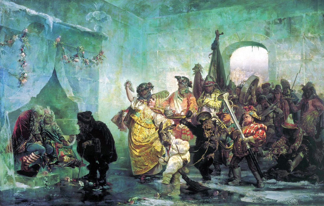 Russian painter Valery Jacobi's 1878 <em>Ice House</em> depicts the jester, Mikhail Golitsyn, and the Kalmyk woman, Avdotia Buzheninova, being paraded to their icy bed chamber. 
