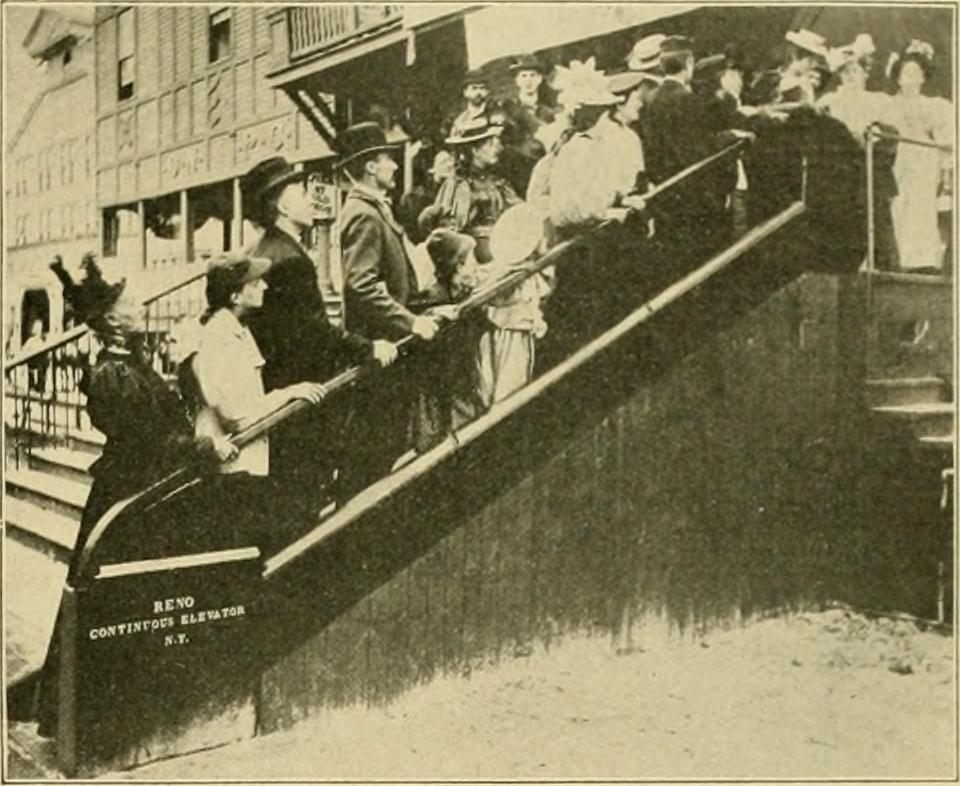 Jess W. Reno's "inclined elevator" in use at Coney Island, 1896.