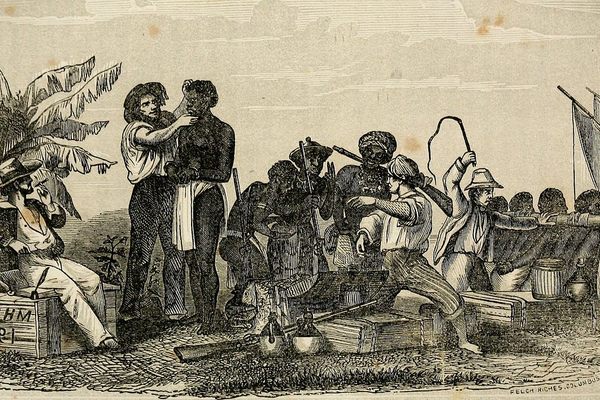 The dehumanization begins as slaves were inspected before boarding slave vessels. 
