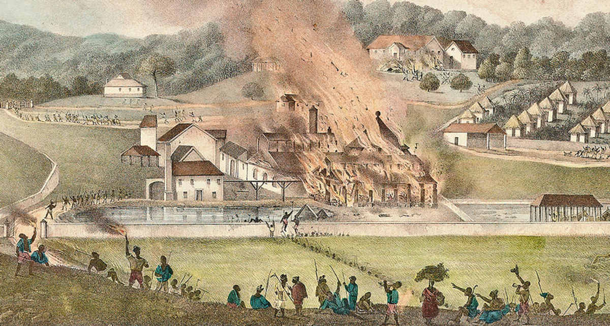 On December 27, 1831, some 60,000 enslaved men and women started a rebellion in Jamaica that took British forces five weeks to quell. This painting depicts enslaved people destroying Roehampton Estate in northwestern Jamaica.