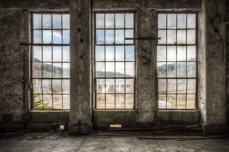 Hydroelectric Plant View - A window in the control room looking over to the Shimizusawa Dam and its hydroelectric power plant.