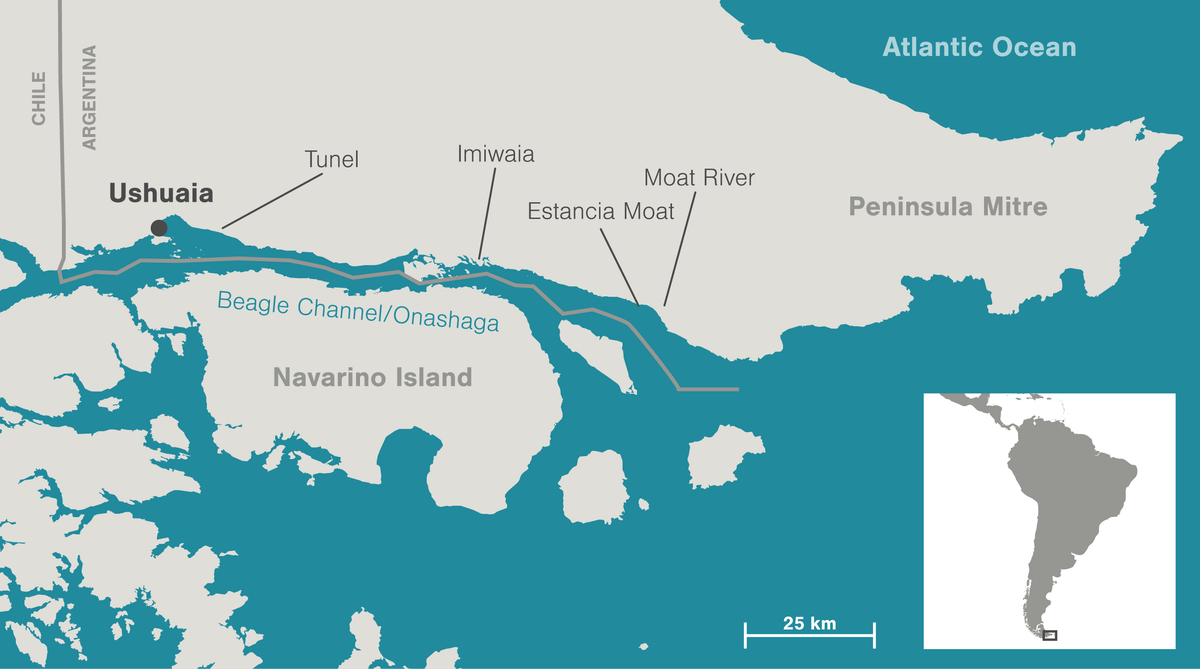 The oldest sites along the Beagle Channel/Onashaga were found at Imiwaia and Tunel. At Estancia Moat, the archaeology team from CADIC hopes to find older evidence of people. Map data by OpenStreetMap via ArcGIS.