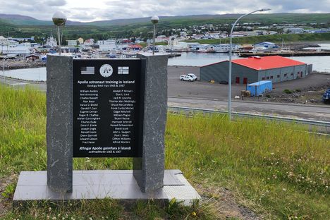 The Apollo Astronaut Training in Iceland memorial, overlooking the charming northern Iceland town of Húsavík.