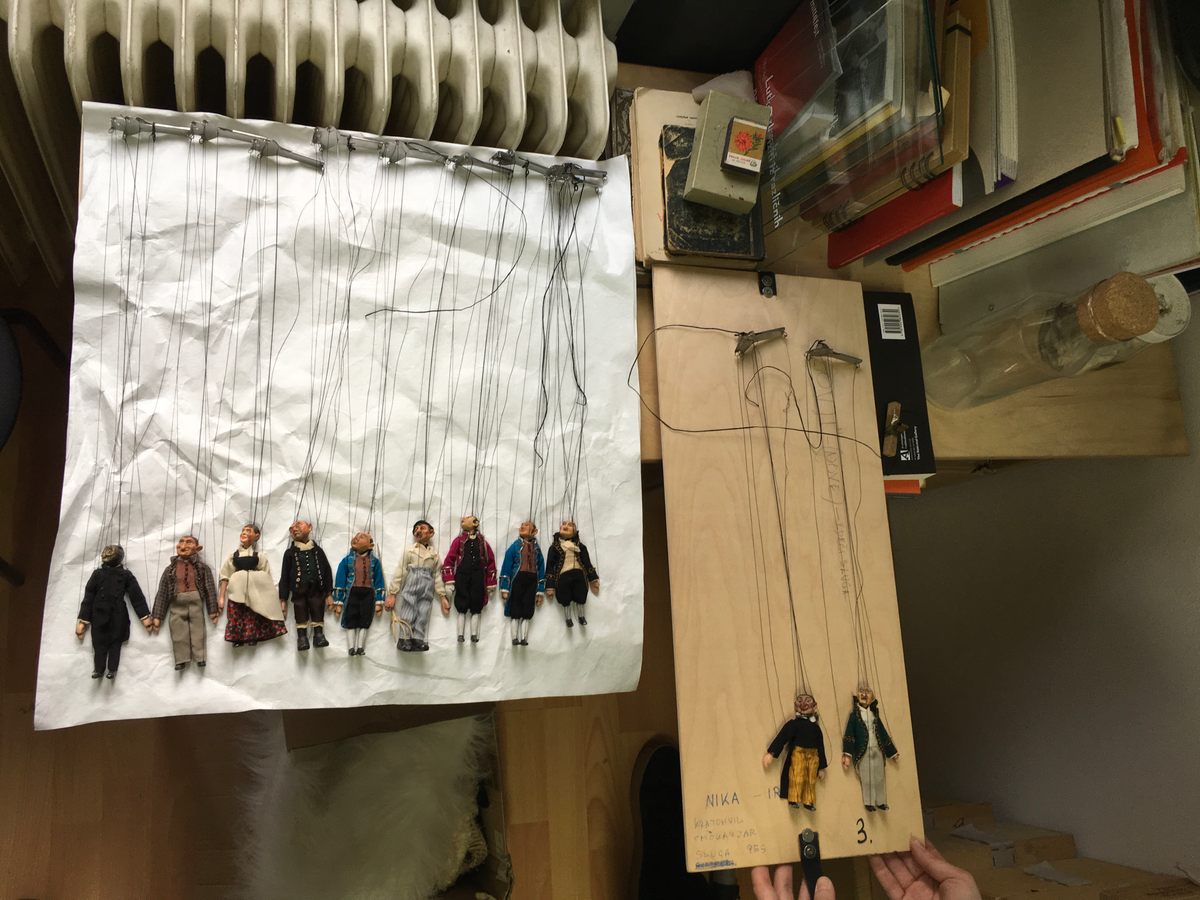 Miniature marionettes created by Renaud Herbin for “Ouvrir the Hibou” (“Open the Owl"), which allows spectators to look behind the scenes.