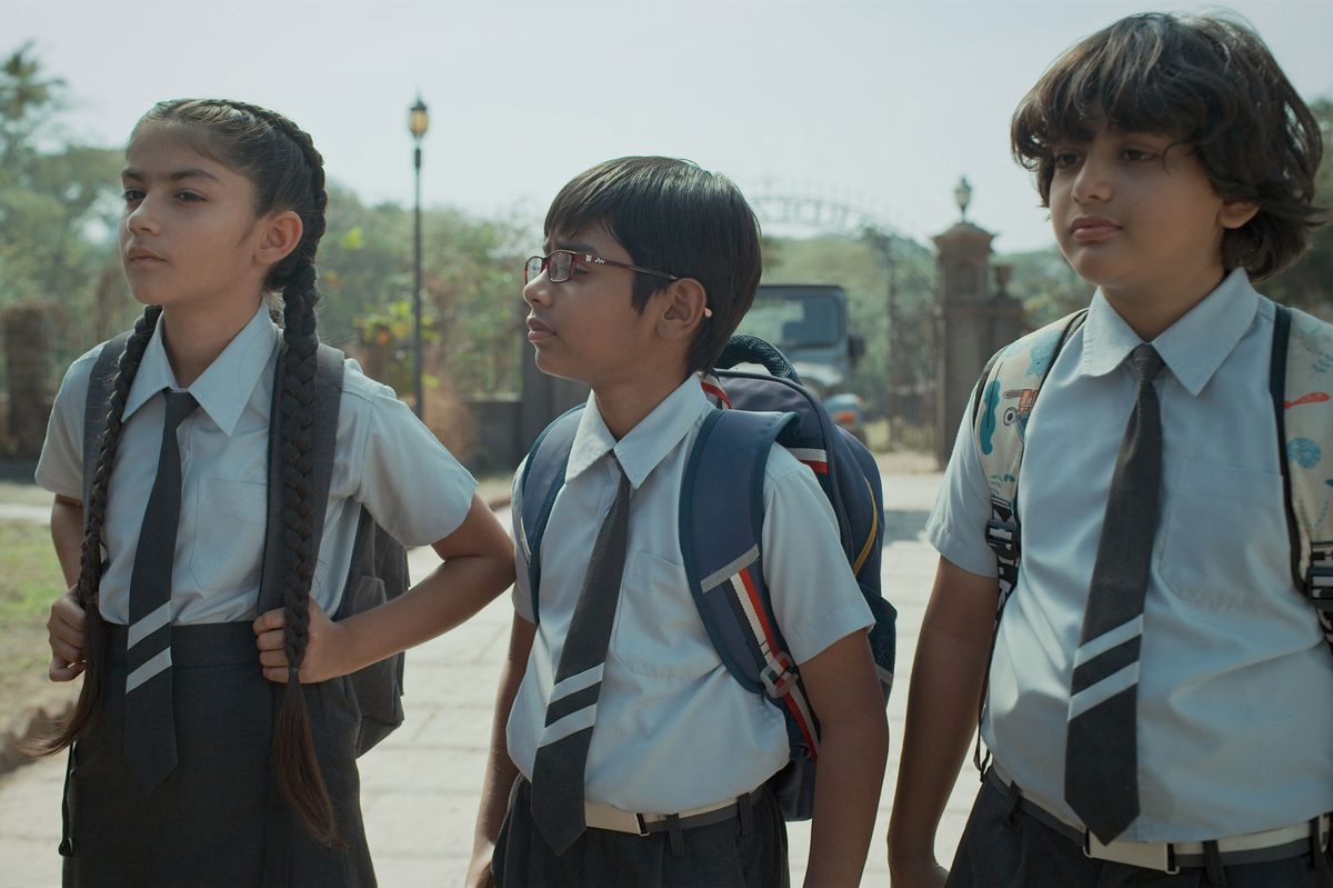 A still from an episode of <em>Typewriter</em>, set in Goa, India, and starring Sara Gesawat (left), Palash Kamble, and Mikhail Gandhi (right).