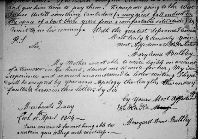 A portion of a letter written and signed by Margaret Ann Bulkley in 1804.