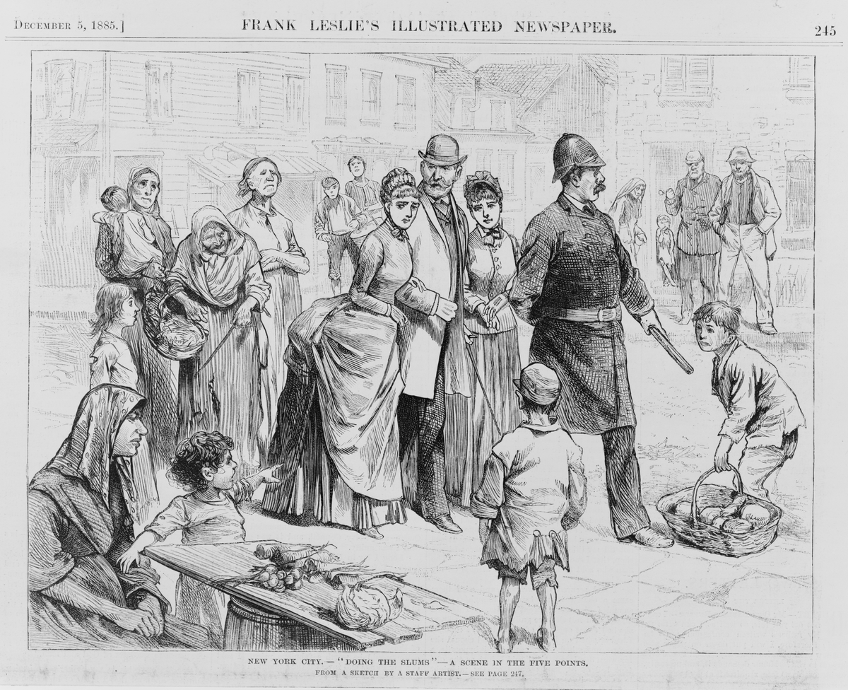 A sketch in an illustrated newspaper shows affluent New Yorkers "doing the slums" in the Five Points neighborhood in Lower Manhattan.