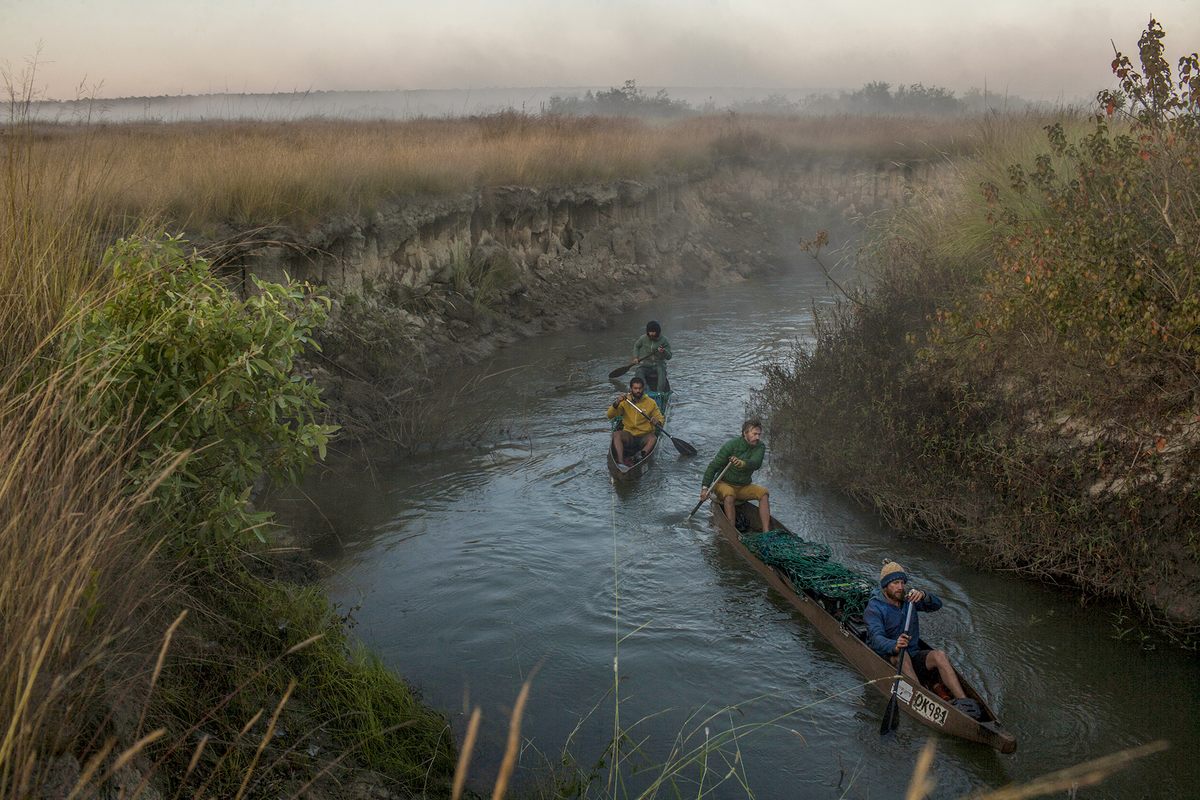 The river-based expedition team on the Cubango River.
