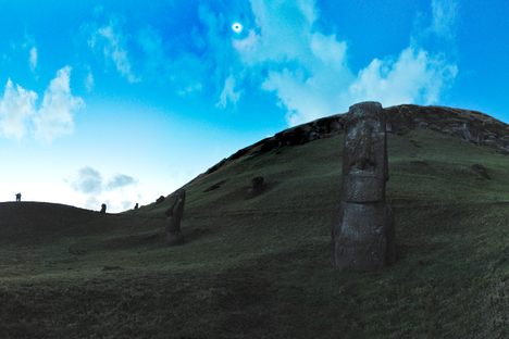 A total solar eclipse over Easter Island in 2010. Easter Island will experience a partial solar eclipse on July 2, 2019, and another on December 14, 2020.