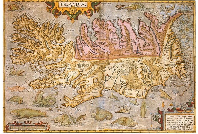 1590 map of Iceland with sea monsters, all of which are detailed at Iceland's sea monster museum.