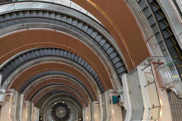 A series of spiral elevators at the New World Daimaru shopping mall in Shanghai, China.