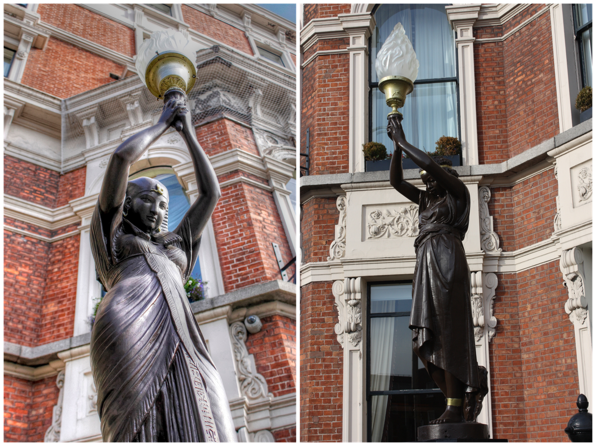 Two of the figures depict Egyptian women (left); the other two depict Nubian women (right). Scholars disagree about whether the metallic bands around their ankles, which appear in all four statues, symbolize slavery.