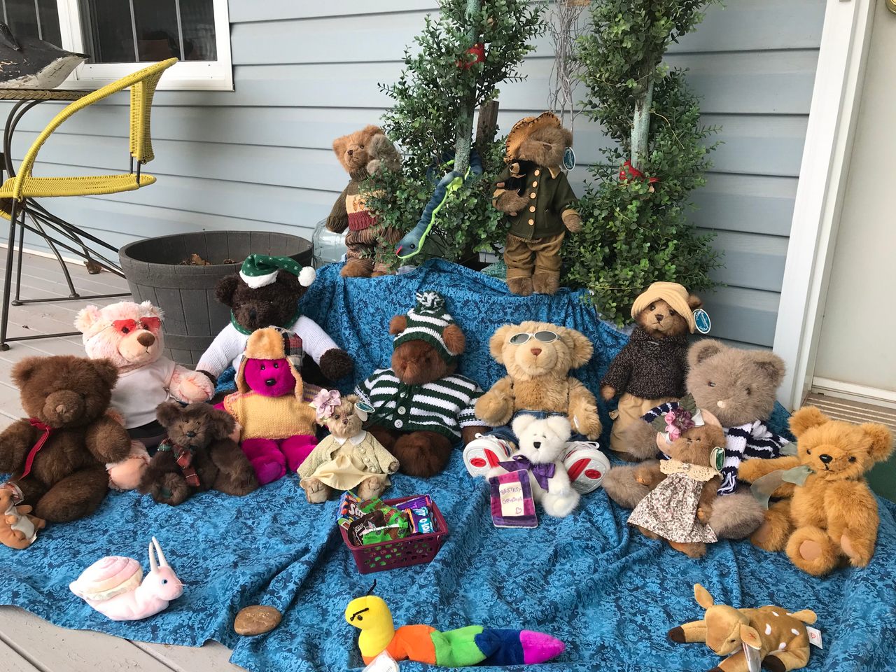A bevy of bears on a porch in Prince Edward Island, Canada.