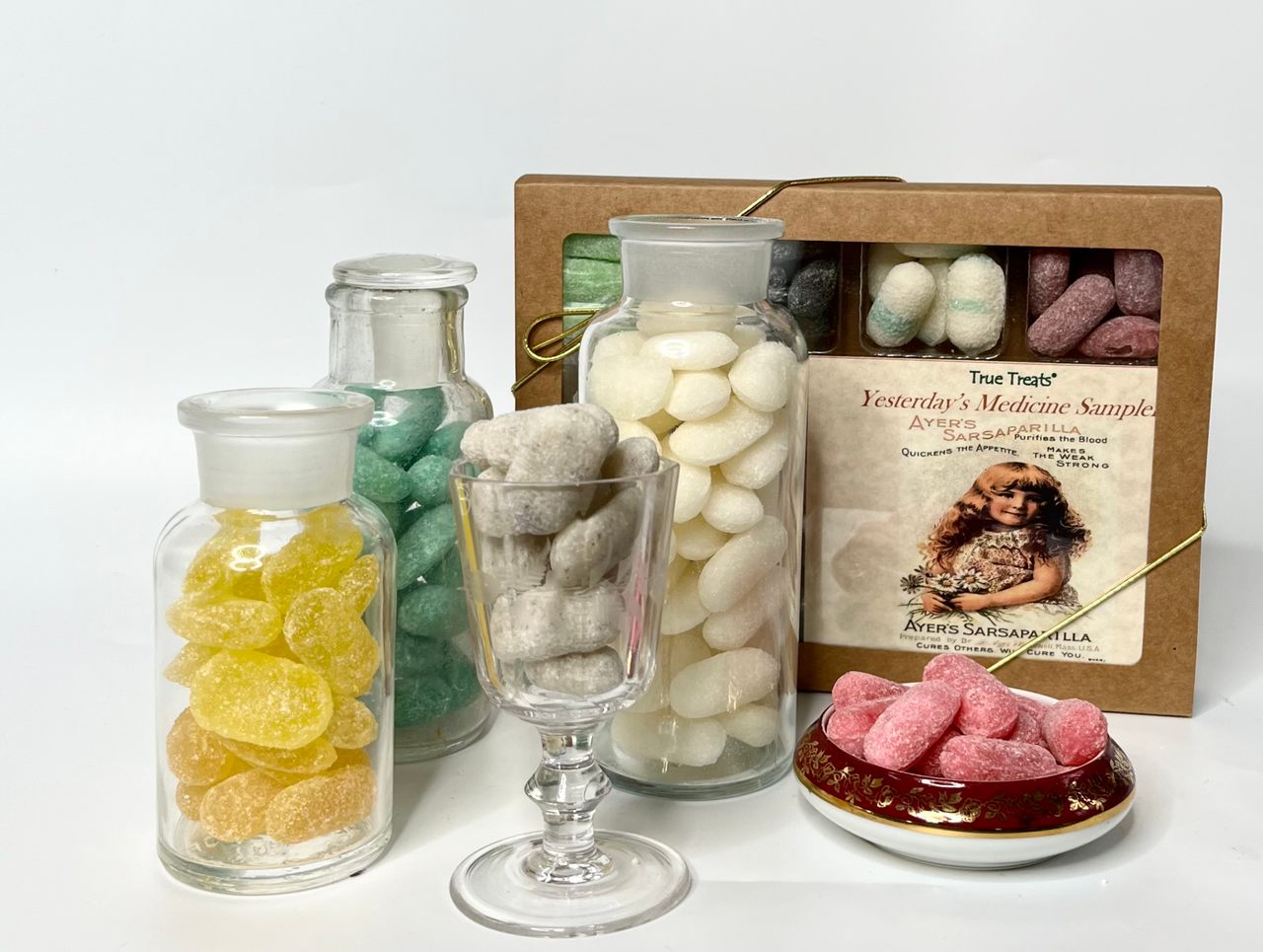 True Treats’ Yesterday’s Medicine sampler has healing sweets, each formed in a candy mold from the 1920's. 