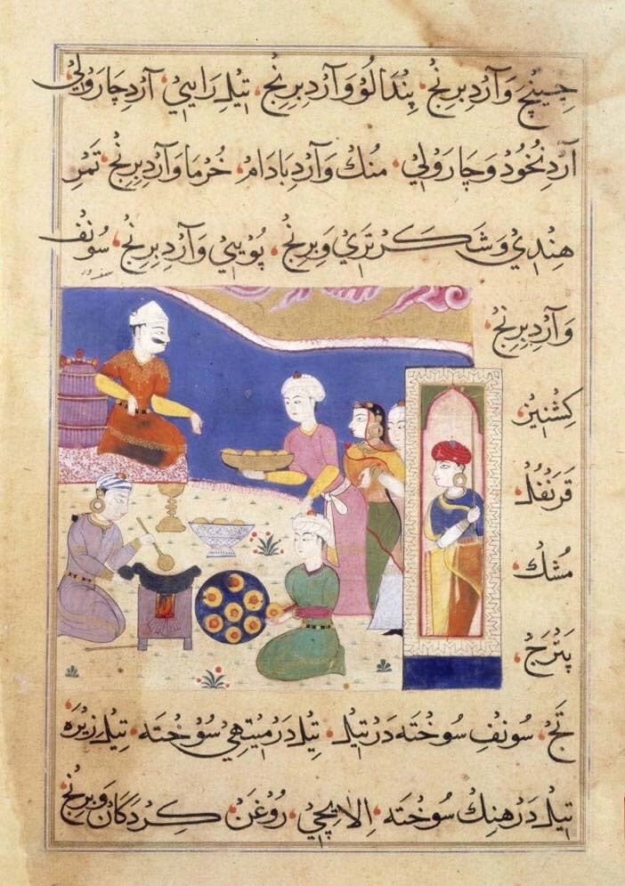 Ghiyath Shah himself appears in the cookbook, here being offered a plate of samosas.