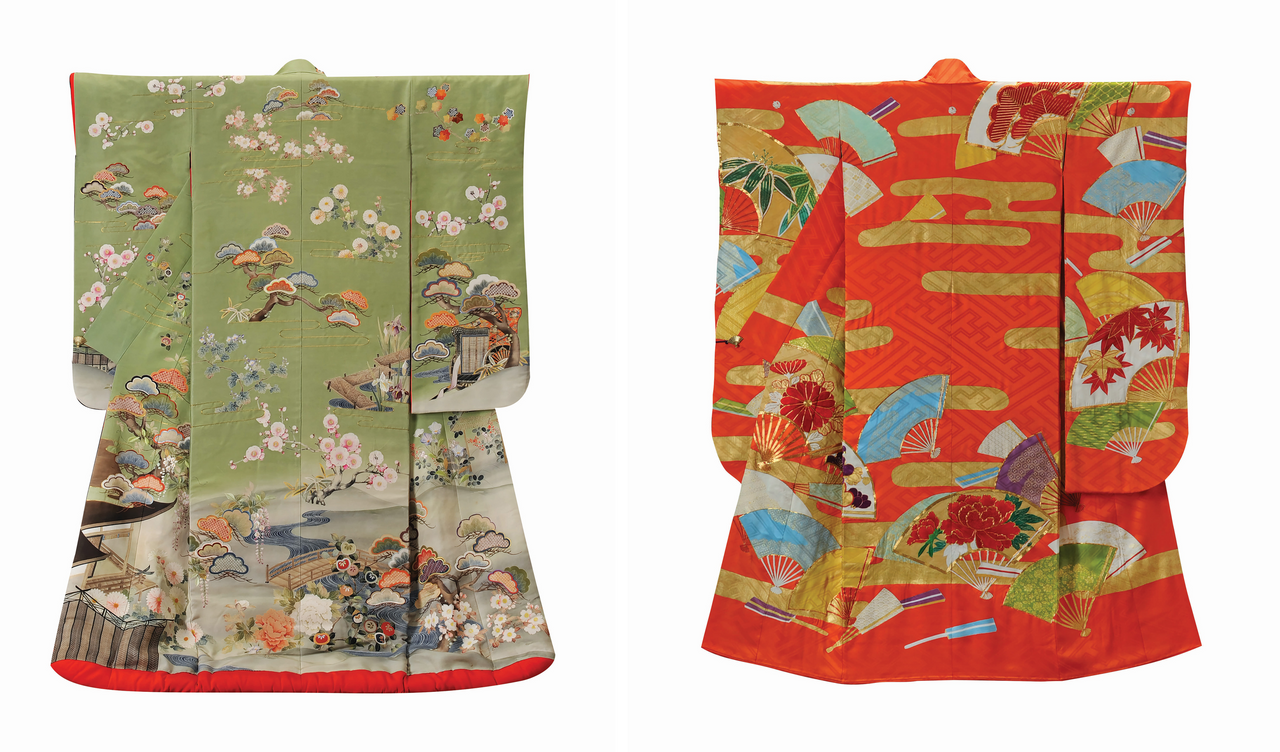 Chiso Co., Ltd, <em>Uchikake with Palace Garden Design</em>, made for Iida Taka, the thirteenth, Madame Nishimura, 1913, <em>yūzen</em>-dyeing and embroidery on woven silk (left); Chiso Co., Ltd, <em>Furisode with Mist and Fan Design</em>, made for Kawakami Masako, the fifteenth Madame Nishimura, 1971, embroidery and gold leaf on woven silk (right).