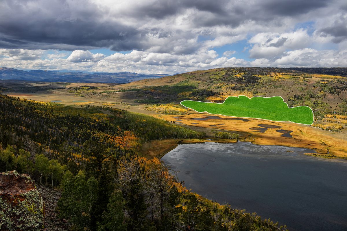 Aerial outline of Pando, with Fish Lake in the foreground.