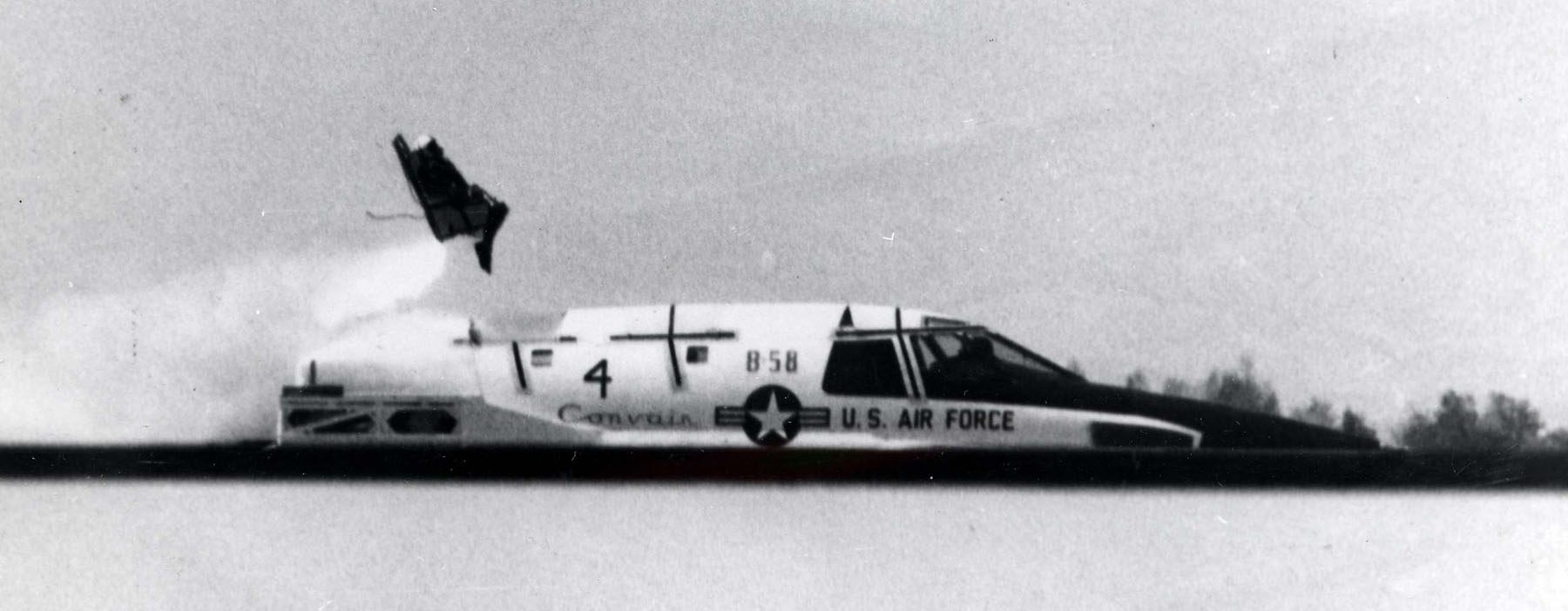 Static test of the ejector seat of a B-58, the type that a bear was ejected from in 1962 (this photo 1957)