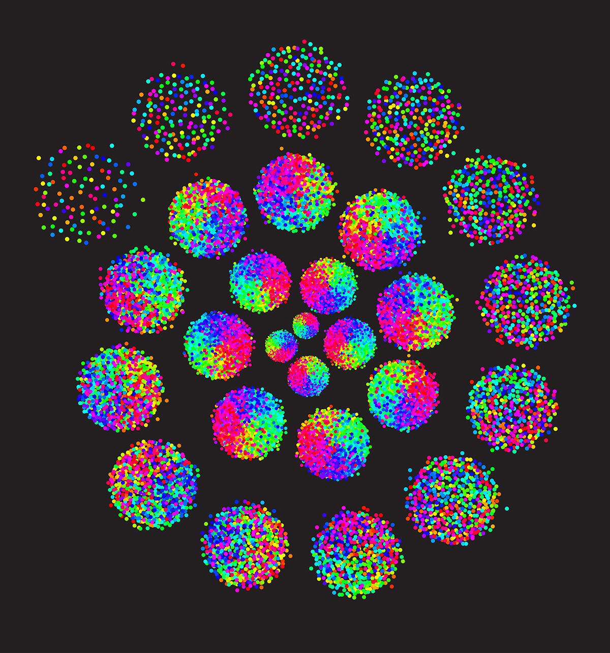 <em>Harmony in Numbers</em>, Staff Pick 2017. A mutlicolored neuron map, with each dot representing a neuron.