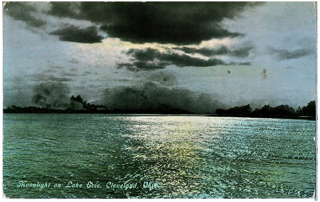 A 1912 postcard depicts a Lake Erie at night. 