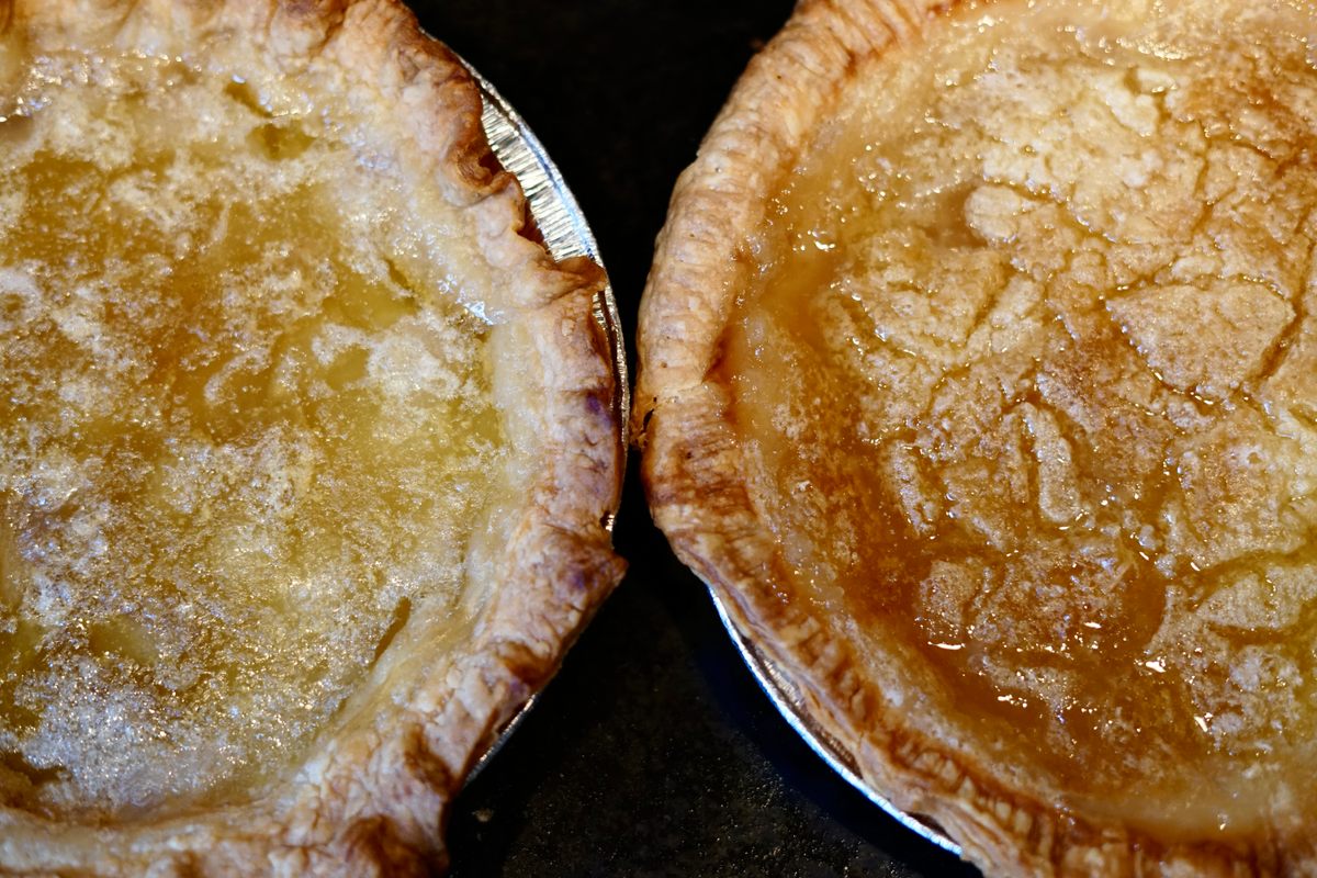 Both the water pie (left) and Sprite pie (right) are still liquid when they emerge from the oven.