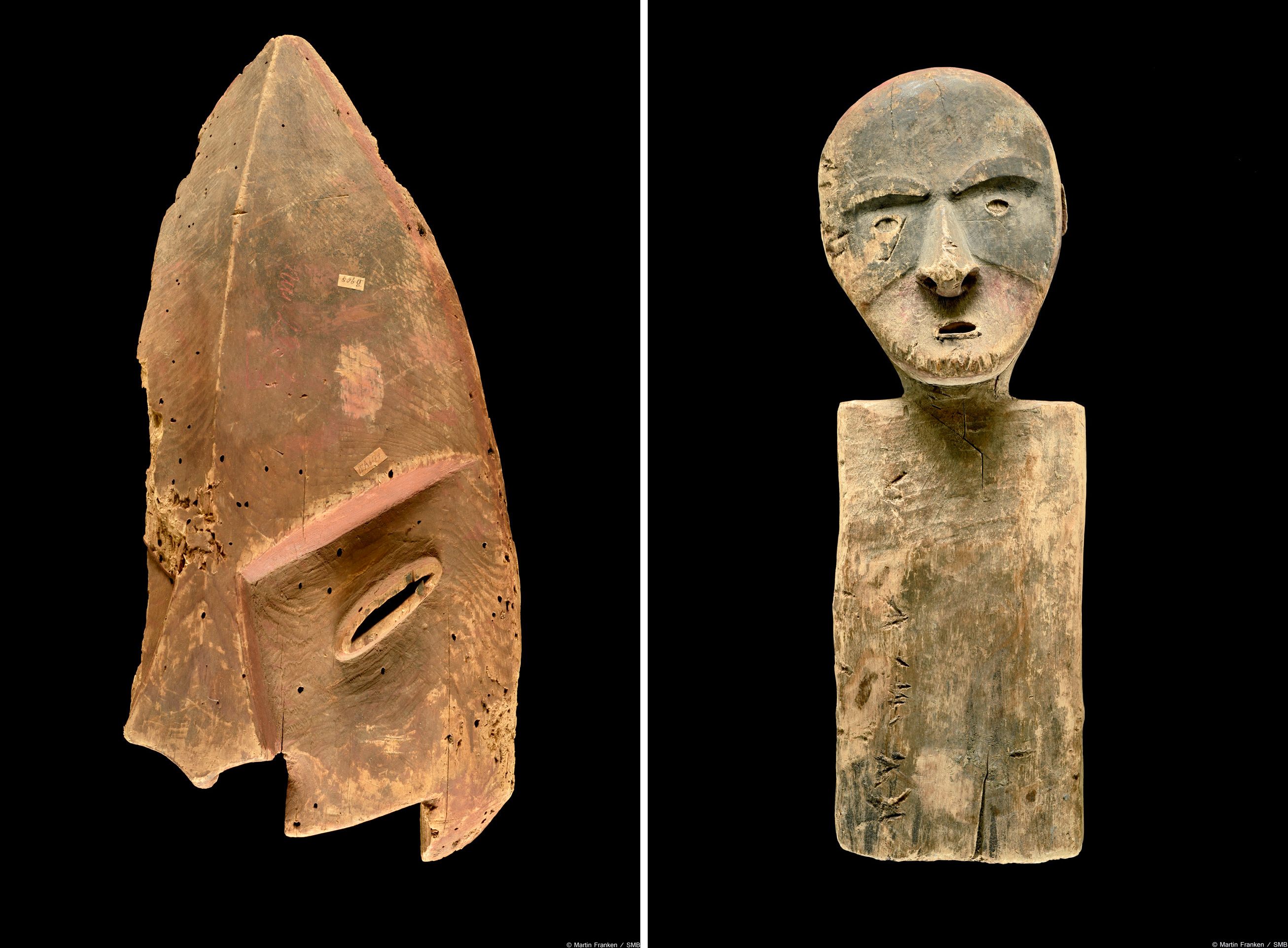 Wooden mask fragment (left) and painted idol (right).