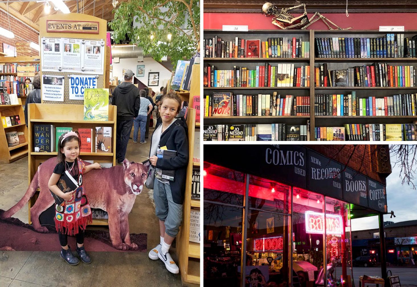 Kids hanging out at Skylight Books, a chill skeleton at Murder on the Beach, and the neon glow of Mutiny Books.