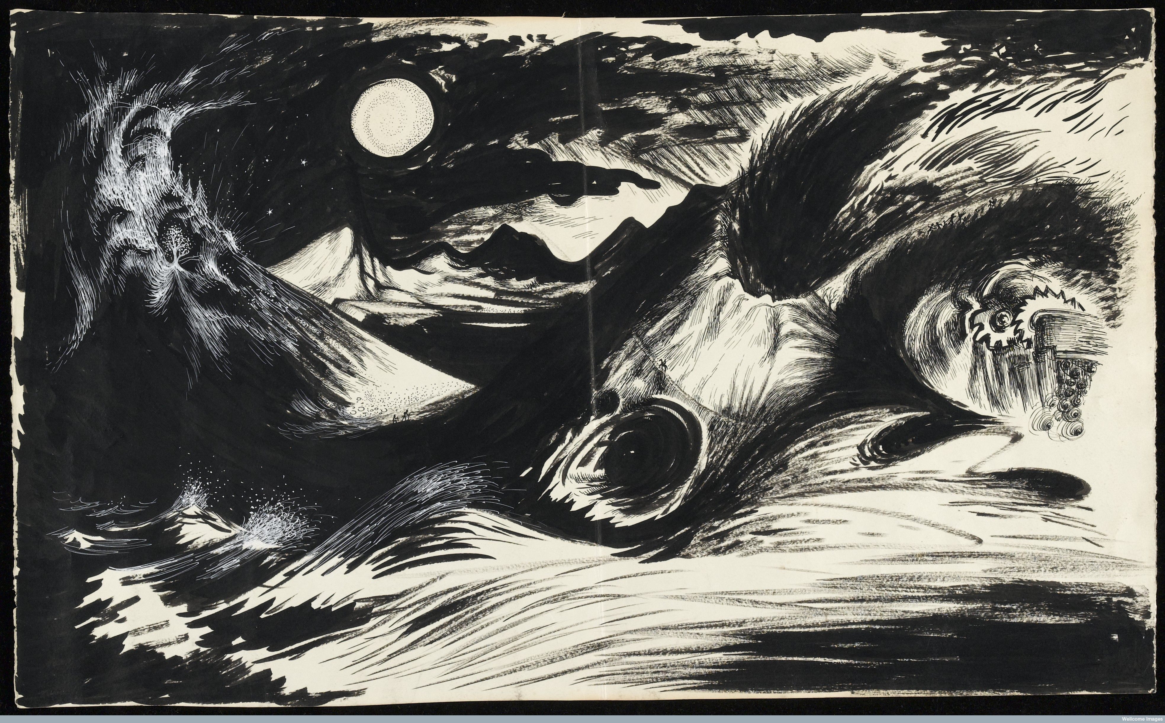 The illustration of dream of a patient in Jungian analysis in the late 60s: a volcanic landscape by moonlight.